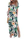 HUSKARY Women's Summer Maxi Dress Casual Loose Pockets Long Dress Short Sleeve Split, Green Leaves 02, XX-Large