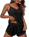 Ekouaer Lingerie Set for Women Sleepwear Pjs Petite Shorts and Cami Tops Pajamas Sleep & Lounge Set Gift for Her Black