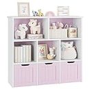 FOTOSOK Toy Storage Organizer with 3 Movable Drawers, Floor Storage Cabinet Toy Chest with Hidden Wheels and 5 Storage Cubbies, Multifunctional Storage Chest for Living Room, Home Office, Pink