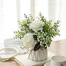 NAWEIDA Artificial Flowers with Small Ceramic Vase Silk Roses Fake Plants Eucalyptus Leaves Berries Flower Arrangements Decorations for Home(White)