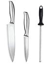 pepplo Kitchen Knife Set 3 Piece Razor Sharp Steel Forged Blade with Professional Carbon Steel Knife Sharpener, Chef Utility Paring Knife for Cutting Chopping and Dicing(CA+CB+Sharpner_B, Set of 3)