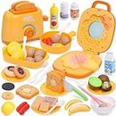 cute stone Play Kitchen Set, Pretend Play Toy Kitchen Appliances Set with Toaster, Waffle Maker with Realistic Lights & Sounds, Cutting Play Food，Kids Kitchen Play Set for Toddlers Girls Boys(Yellow)