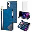 Asuwish Phone Case for Samsung Galaxy S22 Plus S22+ 5G Wallet Cover with Tempered Glass Screen Protector Flip Zipper Credit Card Holder Stand Cell Accessories S22+5G S22plus 22S + S 22 22+ Women Blue