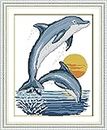 Amiiba Stamped Cross Stitch Kits, Two Dolphins Sunset Ocean Scene DIY 11CT 17.3x21.6 inch (Dolphin)