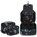 Hanging Travel Toiletry Bag, Ginsco 2 Pack Makeup Cosmetic Bag for Women, Portable Water Resistant Toiletries Bag for Travel, Makeup Bag Organizer with 4 Compartments & 1 Sturdy Hook Black Flamingo