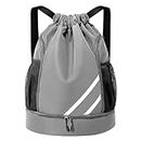 Oziral Drawstring Backpack Water Resistant String Bag Gym Sports with Shoe Compartment Side Mesh Pockets for Women Men (Grey)