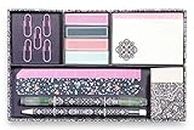 Vera Bradley Office/School Desk Supplies Set with Storage Box, Organizer Includes Paper Clips, Sticky Notes, Highlighter, Ruler, Pencil, Eraser, and Notepad (Bonbon Medallion)
