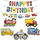 Transport theme Big Size happy birthday foil balloons with banners background for decoration for boys Kids Decoration Items police car truck train plane age 2 years 3 4 5 6 7 8 Party Supply poppers
