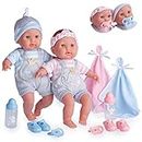 JC Toys- Muñecos bebés gemelos de Berenguer Boutique de Cuerpo blando de 38 cm, sus ojos abren y cierran, incluye ropa y 8 accesorios, diseñado en España por Berenguer, 2 años