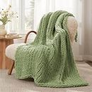 Amélie Home Chunky Knit Blanket Throw, Thick Soft Yarn Chunky Throw 50x60, Handmade Chenille Cable Knitted Crochet Throw Blanket, Warm Rope Knot Blanket for Couch Bed Sofa, Sage Green.