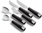 Adaptive Utensils (5-Piece Kitchen Set) Wide, Non-Weighted, Non-Slip Handles for Hand Tremors, Arthritis, Parkinson’s or Elderly Use - Stainless Steel Knife, Rocker Knife, Fork, Spoons - Black