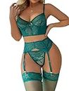 SOLY HUX Sexy Lingerie for Women Naughty 4 Piece Lace Garter Belt Babydoll Lingerie Set with Stocking Underwire Bra and Panty Pure Dark Green M