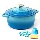 Parmedu 5.3 Quart Enameled Cast Iron Dutch Oven Pot Heavy Duty with Lid and Dual Handles, Silicone Accessories Included, Ideal for Braising, Stewing, Roasting and Baking, Blue