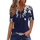 Summer Tops for Women 2024 Vacation Trendy V Neck Boho Short Sleeve T Shirts Casual Loose Comfy Tunic Clothes, Blue-04, Large
