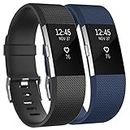 Tobfit für Fitbit Charge 2 Armband Damen Herren, Ersatz Silikon Sport und Fitness Armbänder für Fitbit Charge 2 (L, Klassische 2-Pack Schwarz+Blau)