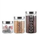 WHOLE HOUSEWARES | Airtight Glass Jars with Lid | Glass Storage Containers with Stainless Lids for Kitchen | 3 Piece Canister Set for Coffee, Sugar and Tea | 57/44/29