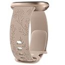 Leonids Floral Engraved Band Compatible with Fitbit Versa 4 Bands/Fitbit Versa 3 Bands Women Men, Soft Silicone Replacement Strap for Fitbit Sense 2/Sense Smart Watch (Small, Milk Tea)
