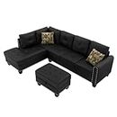 HBRR Sofa w/Reversible Chaise and 2 Pillows, L-Shaped Storage Ottoman and Cup Holders, Sectional Couche Living Room Furniture Sets (Black)
