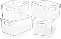 Snazzy Clear Plastic Pantry Organizer Bins, 4 PCS Food Storage Bins with Handle for Refrigerator, Fridge, Cabinet, Kitchen, Countertops, Cupboard, Freezer Organization and Storage, BPA Free, Large