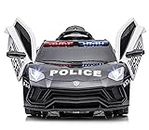 u URideon Kids Ride On Police Car, 12V Electric Sports Car Toys with Remote Control, Siren, Flashing Light,Music,Battery Powered (Black)