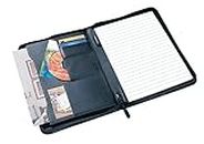 A4 Zipped Conference Portfolio Folder Black Leather with Card Holders Expanding Pockets Pad Folio