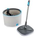 Minky Opti-Clean Spin Mop, 360° Spin & Rinse & Wringing System, Reusable Powerful Microfibre Velcro Pad, Dual Cavity 2L Bucket with Sturdy Handle, Light Grey Bucket with Dark Grey Trim & Blue Accents