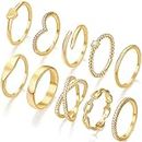 10 PCS Dainty 14K Gold Rings for Women Teen Girls, Open Twist Simulated Diamond Criss Cross Designs, Perfect for Stacking Layering on Thumb and Knuckle in Sizes 6-10 (8, gold)