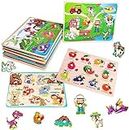 Wooden Peg Puzzles for Toddlers, 6 Pack Wooden Jigsaw Set for Kids Animals, Vehicles, Ocean, Dinosaur, Fruits and Farm, Preschool Educational Learning Gift Toys for Boys & Girls