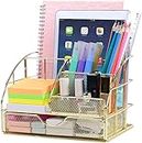 POPRUN Schreibtisch Organizer Tischorganizer mit Stiftablagen/Stifthalter und Schublade Utensilienschalen aus Metall Netz Gold