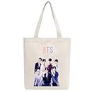 BTS Merchandise Canvas Tote Bag | BTS Merch Kpop Shoulder Bag | Sturdy, Durable, and Light, Perfect for Gift, Off-white, One Size