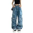 Women's Cargo Pants Y2K Clothing Multi-Pocket Relaxed Fit Jeans Grunge Clothes Alt Emo Hip Streetwear, Blue, Small
