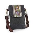 Vintage Embroidered Canvas Small Flip Crossbody Bag Cell Phone Pouch for Women Wristlet Wallet Bag Coin Purse (Dark Grey 02)