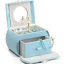 Vlando Musical Jewelry Box for Girls Kids with Drawer, Music Box with Ballerina and Stickers for Birthday Bedroom Decor, Blue