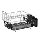 Cefito Dish Drying Rack, 2-Tier Dish Drainer Kitchen Plate Racks Dishwashing Storage Organiser Countertop, with Cup Holder and Cutlery Tray Black Silver