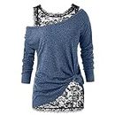Camisole Tops for Women Lacey Sexy Solid Color Shirt Long Sleeve Skew Neck T Shirt Floral Two Piece Suit Blouse, Blue, X-Large