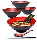 4 Sets (12 Piece) Large Japanese Ramen Noodle Soup Bowl Dishware Set with Matching Spoon and Chopsticks for Udon Soba Pho Asian Noodles (4, Red, 8.6")