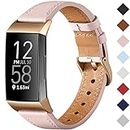 CeMiKa Strap Compatible with Fitbit Charge 4 Strap/Fitbit Charge 3 Strap, Genuine Leather Strap Replacement Wristband for Charge 3/Charge 4 Tracker, Pink/Rose Gold