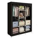 ACCSTORE Canvas Wardrobe Cupboard Clothes Storage Organiser with 2 Hanging Rail and 6 Shelves,Black