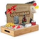 BASICBIRD® Couchbar Snackbox - Organizer Tablett- Snackspender mit 3X Snackschale - Holz Sofatablett für Sofa, Deko, Couch Bar mit Getränkehalter - Snackbox mit Fächern – Wohnmobilausstattung