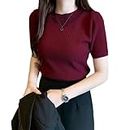 Istyle Can Plain Round Neck Rib Knit Regular Top for Women (Medium, Maroon) (Small, Maroon)