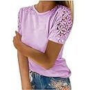 Deals of The Day Lace Crochet Short Sleeve Tops for Women 2024 Summer Trendy Floral Print Crewneck Shirts Dressy Casual Blouses
