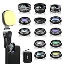Godefa Phone Camera Lens Kit, 14 in 1 Lenses with Selfie Light for iPhone 14 13 12 11 Xs X Pro Samsung and Other Andriod Smartphone, Universal Clip on Wide Angle+Macro+ Fisheye Camera Lenses