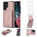 Asuwish Phone Case for Samsung Galaxy S22 Ultra 5G Wallet Cell Cover with Tempered Glass Screen Protector and RFID Slim Credit Card Holder Slot Stand S22ultra 22S S 22 S22ultra5g 6.8 Women Rosegold