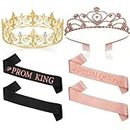 6 Pcs Gold Prom King and Queen Tiara Crowns Prom King and Queen Crowns and Satin Sash Rhinestone Crowns
