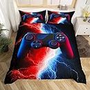 Kids Gaming Comforter Cover,Video Games Bedding Set for Boys Man Teens,Modern Gamer Duvet Cover,Red Blue Gamepad Quilt Cover Novelty Lightning Game Room Decor Bed Set with 2 Pillow Cases,Queen Size
