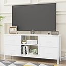 Lulive TV Stand Dresser for Bedroom, White Dresser with 4 Fabric Drawers Storage Organizers for 50 in TV, Entertainment Center with Power Outlet & Open Shelf, Media Console Table for Living Room