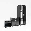 ELEGANT 3 Pieces Bedroom Furniture Sets High Gloss Soft Close Wardrobe with Mirror + 4 Storage Drawer Chest of Drawers Bedside Cabinet, Black and Set