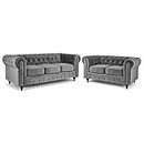 Bravich Velvet Chesterfield Sofa- Grey. Two & Three Seater Sofa Set, Soft Plush Fabric Couch. Living Room Furniture, Easy Clean. 2+3 Seater