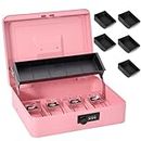 Sgorlds Large Locking Cash Box with Combination Lock and Money Tray, Money Box with Cash Tray, Lock Safe Box for Office Business, 11.8" x 9.5" x 3.5", Pink