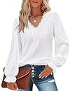 Cute Tops for Women Long Sleeve,Misyula Chic Lace Trim V Neck Sexy Hollow Out Fall Shirts Outfits Young Fashion Womens Business Casual Work Shirt Daily Street Wear Party Outgoing Clothes White M